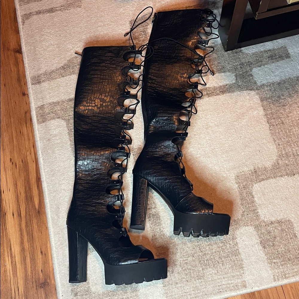 Black Lace-Up Platform Heels